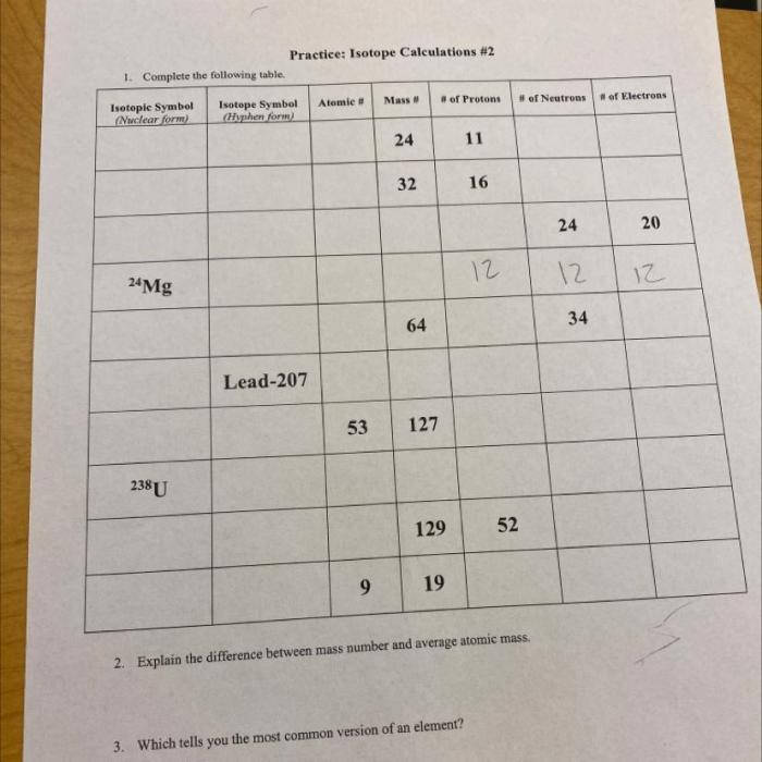 Practice isotope calculations #2 answer key