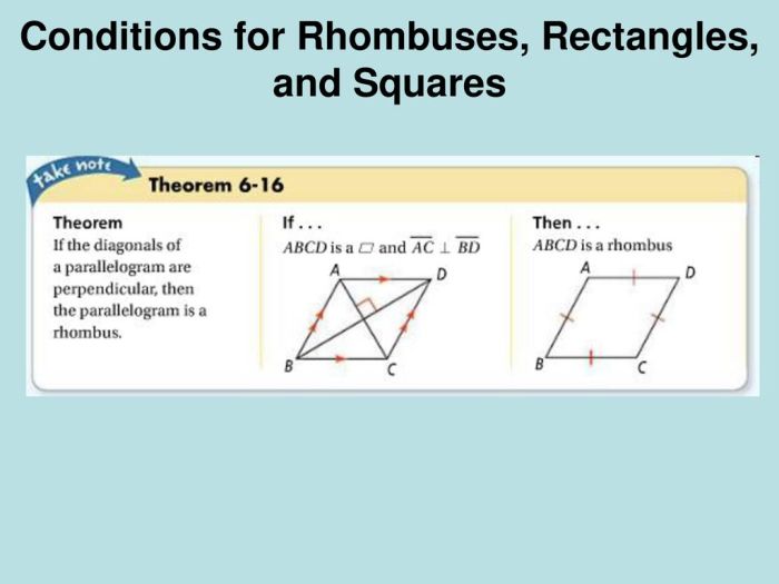 Conditions for rhombuses rectangles and squares practice