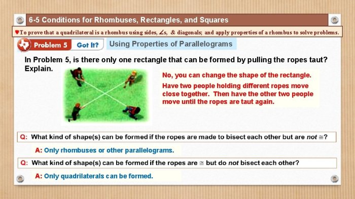 Conditions for rhombuses rectangles and squares practice